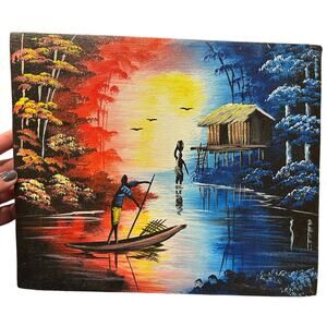 African Hand Painted Original Oil Canvas Ghana Fishing Sunset Boat Sky Beautiful
